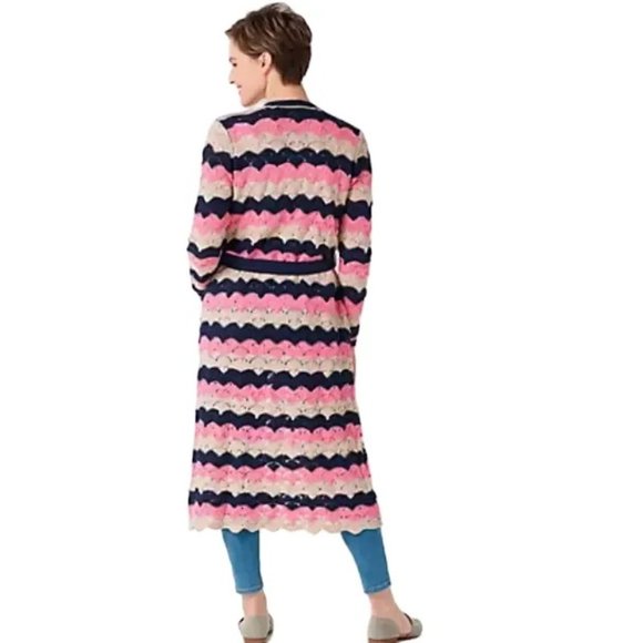 LAURIE FELT Pointelle Knit Belted Duster Cardigan  Navy Pink Beige SZ MP - Picture 3 of 13